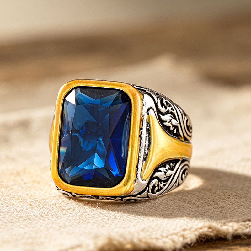 Retro Bicolor Square Rings with Blue Zirconia